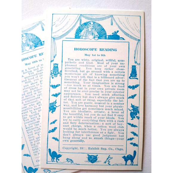 4 Exhibit Horoscope Readings Fortune Teller Cards Bats Cats Witches May Vintage - Picture 2 of 4